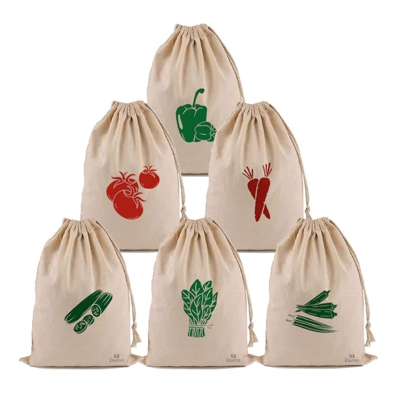 NB Crafted Vegetable Storage Bags for Fridge, Cotton Mesh Bag Reusable and Washable Multipurpose Eco Friendly Heavy-duty, Double Bags with Drawstrings (Pack of 6) - Image 1