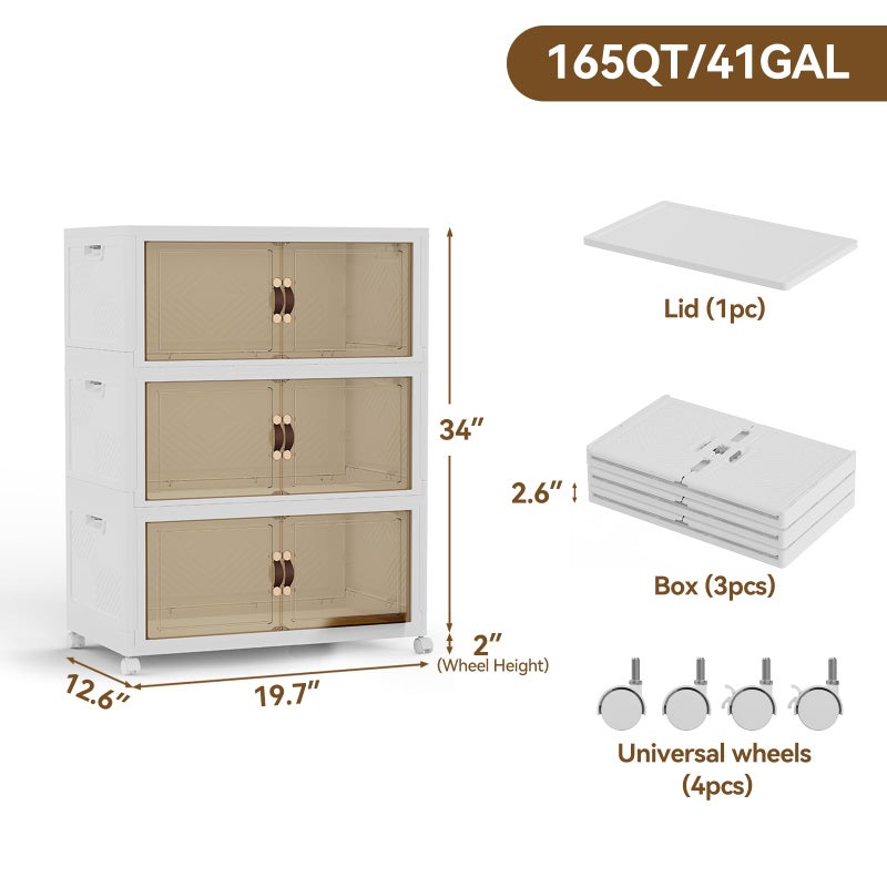 SAILUN 165QT/41Gal Stackable Storage Bins with Lid, Collapsible Storage Bins With Doors and Wheels, Folding Plastic Cabinet Containers for Home Closet Organization, 3 Pack, White - Image 2