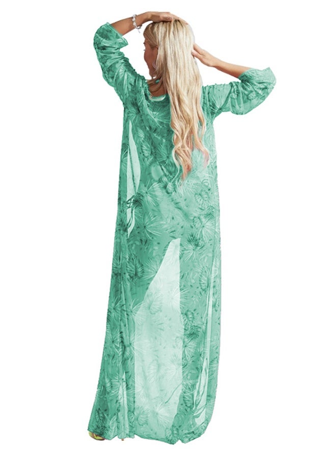 MARGOUN Three-piece Digital Printing Bikini Ladies Beach Sunscreen Blouse Swimsuit Long Lace Dress Sheer Dress Sheer Kimono Dress Cyan - Image 4