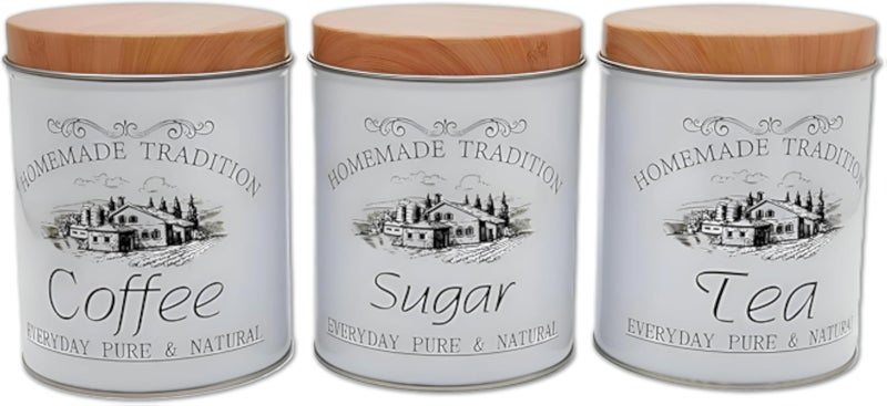 علب شاي - تصميم ريفي أبيض أنيق يحافظ على نضارة القهوة والشاي في ديكور مطبخك الريفي، مجموعة من 3 قطع مع لمسات ساحرة من خشب الصنوبر (موديل 1)