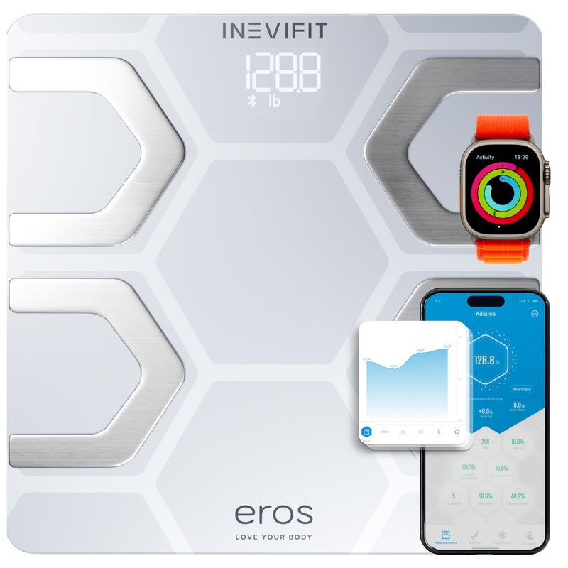 INEVIFIT EROS Bluetooth Body Fat Scale Smart BMI Highly Accurate Digital Bathroom Body Composition Analyzer with Wireless Smartphone APP 400 lbs 118 x 118 inch White