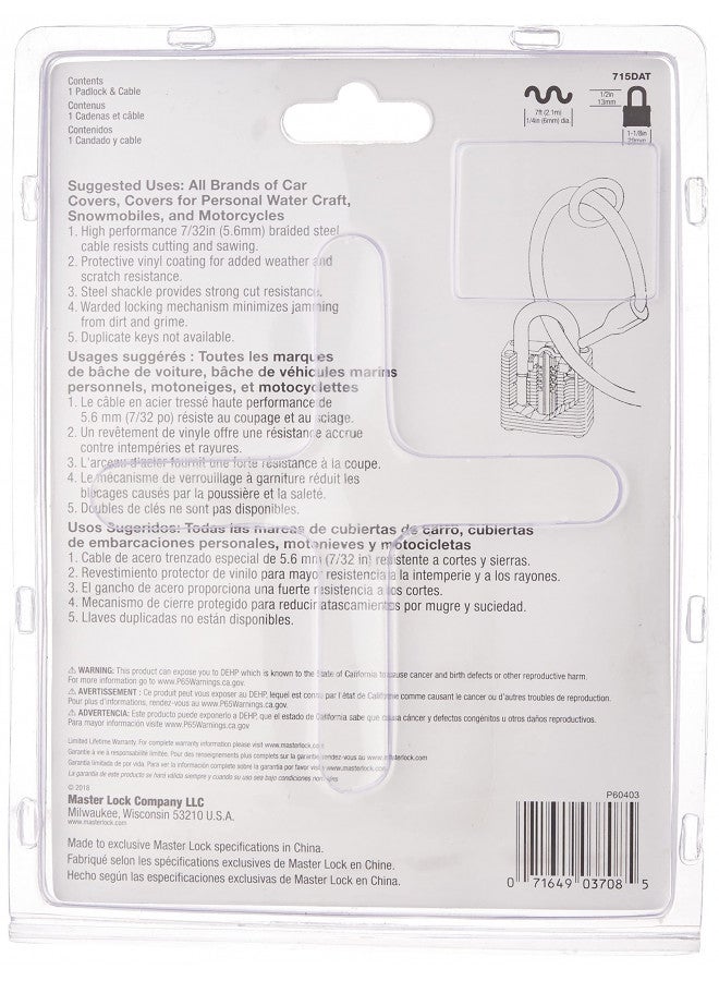 Master Lock 715DAT Braided Steel Car Cover Cable with Laminated Steel Padlock, 7 ft cable and 1-1/8 in. Wide Lock - Image 2