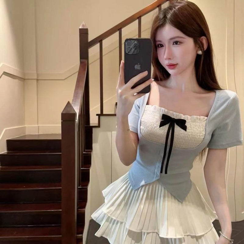 Chic Bow-Tie Tee  Pleated Skirt Set for Women Pleated Skirt - Image 3