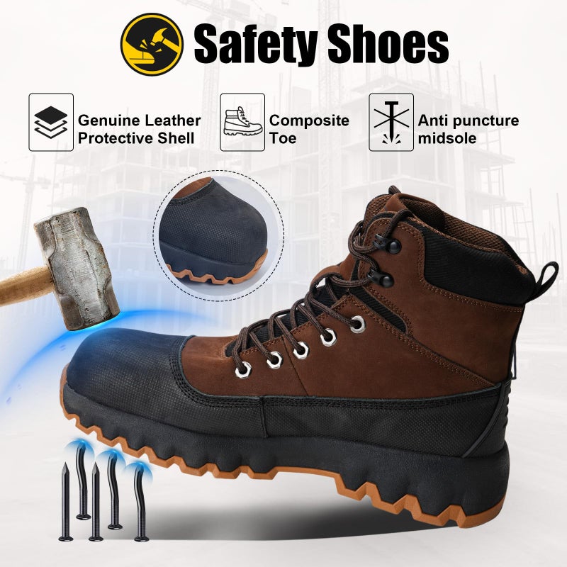 Peeldicou Mens Work Boots Composite Toe Boots for Men Genuine Leather Rubber Sole No Slip Waterproof Shoes Industrial & Construction Safety Boots - Image 2