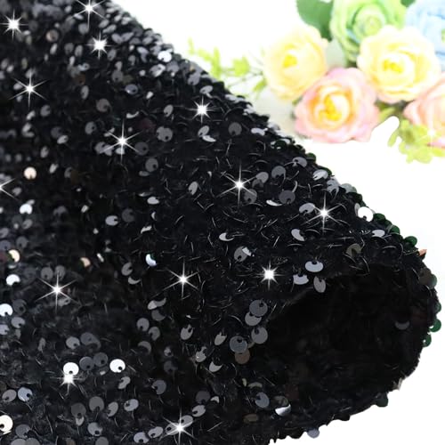 FOTSHARER Sequin Fabric by The Yard Black Velvet Stretch Fabric 2 Yards Embroidered Sequined Material Mermaid Sequins Flip up Fabric Sequin Fabric Sensory Wall for Party Prom Dresses Wall Deocration - Image 1