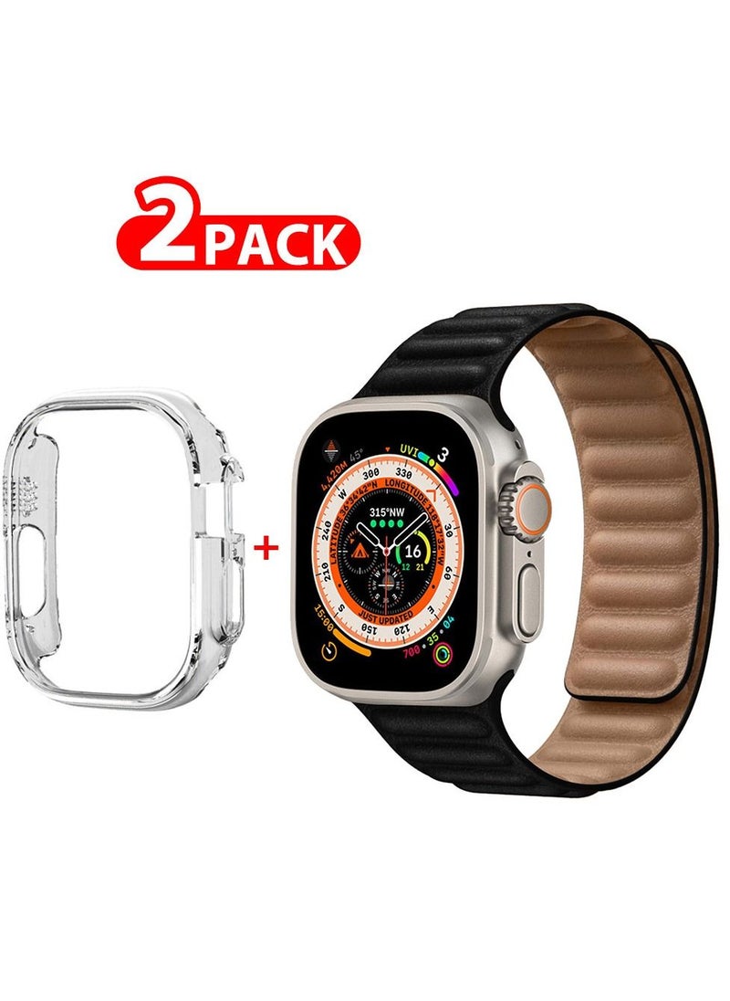 CATANES - 2 Packs For Apple Watch Band 49mm Leather Link Strap Magnetic Loop Bracelet and Clear Cup Holder Black - Image 1