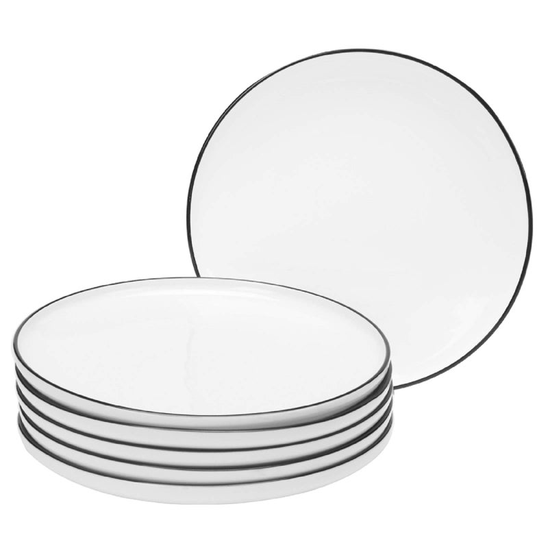 BonNoces 10 Inch Porcelain Dinner Plates Elegant White with Black Edges Design Classic Round Serving Plates Set for Steak Pasta and Salad Set of 6