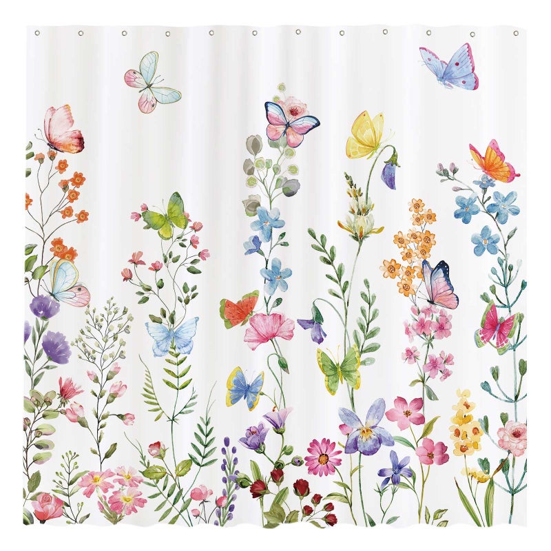 Funnytree 72"x72" Floral Plant Watercolor Flower Butterfly Home Bathtubs Shower Curtain for Bathroom Decor Machine Washable (Hooks Not Included) - Image 1