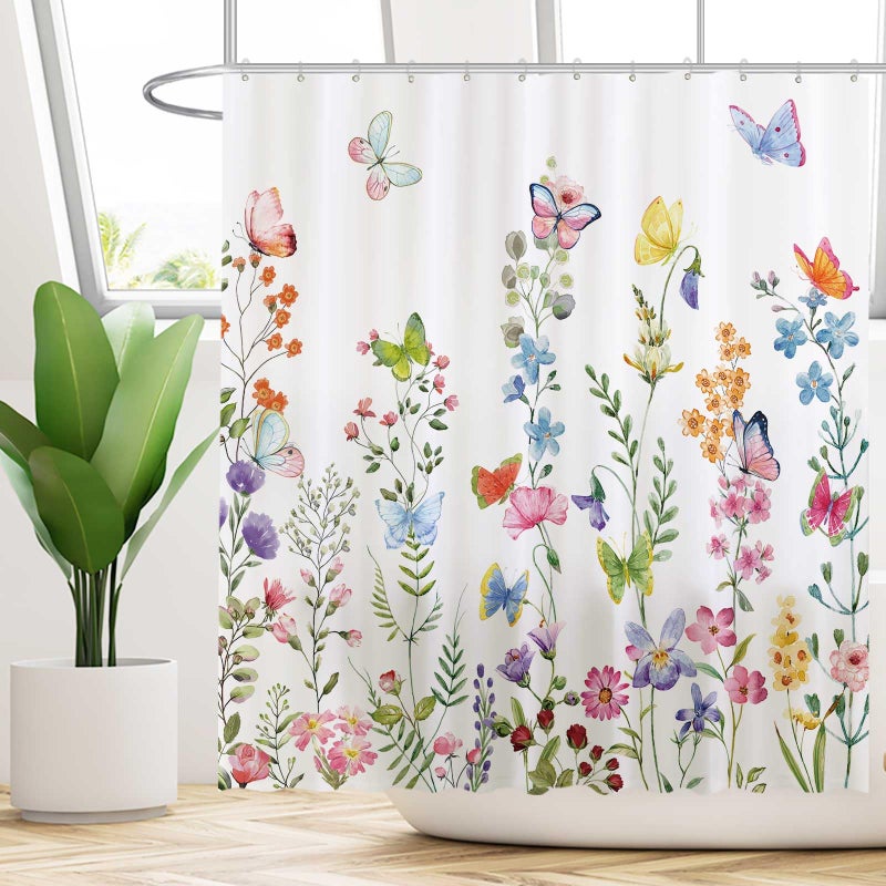 Funnytree 72"x72" Floral Plant Watercolor Flower Butterfly Home Bathtubs Shower Curtain for Bathroom Decor Machine Washable (Hooks Not Included) - Image 2
