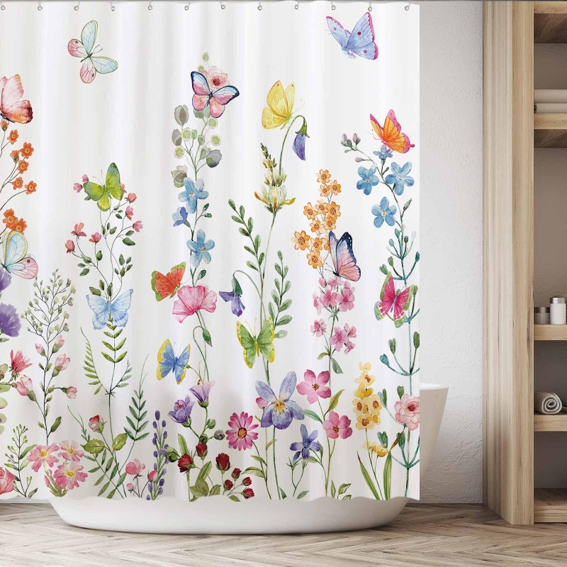 Funnytree 72"x72" Floral Plant Watercolor Flower Butterfly Home Bathtubs Shower Curtain for Bathroom Decor Machine Washable (Hooks Not Included) - Image 5