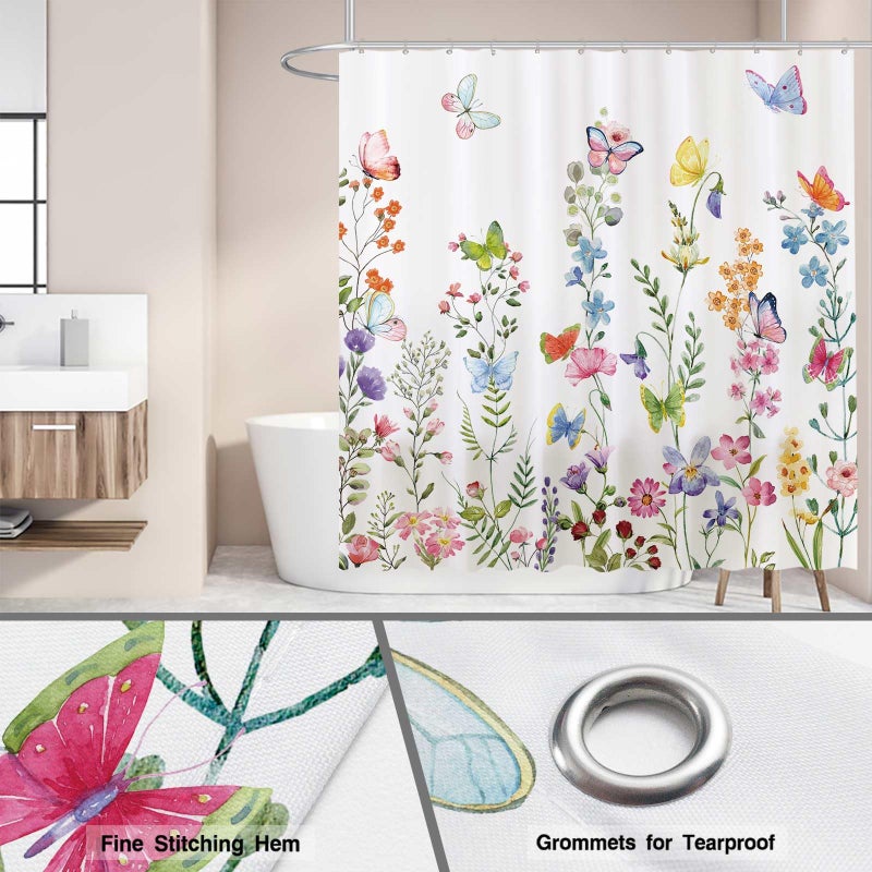 Funnytree 72"x72" Floral Plant Watercolor Flower Butterfly Home Bathtubs Shower Curtain for Bathroom Decor Machine Washable (Hooks Not Included) - Image 4