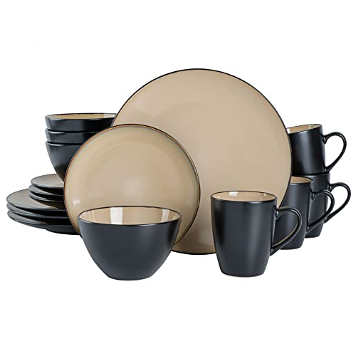 Gibson Elite Soho Lounge 16-Piece Round Reactive Glaze Stoneware Dinnerware Set, Service for 4 – Taupe Plates and Bowls - Image 2