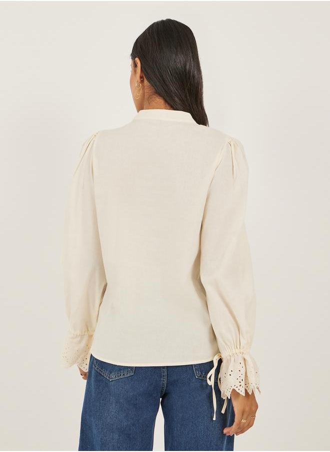 Styli Women Cream Solid Volume Sleeves Lace-Up Top  - Image 5