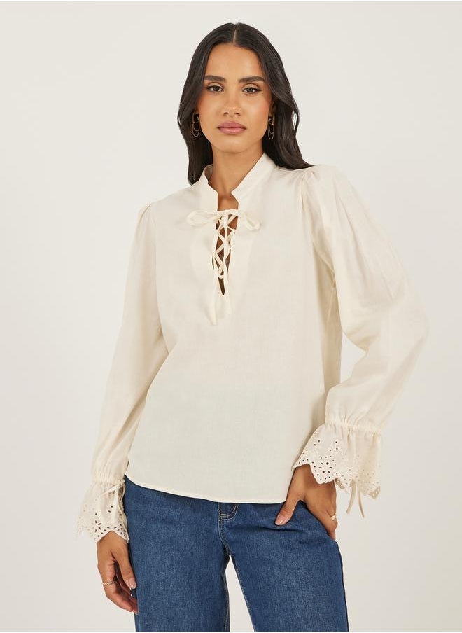 Styli Women Cream Solid Volume Sleeves Lace-Up Top  - Image 2