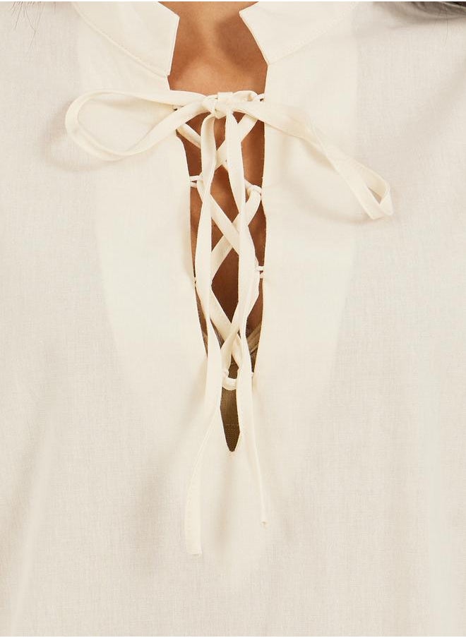 Styli Women Cream Solid Volume Sleeves Lace-Up Top  - Image 4