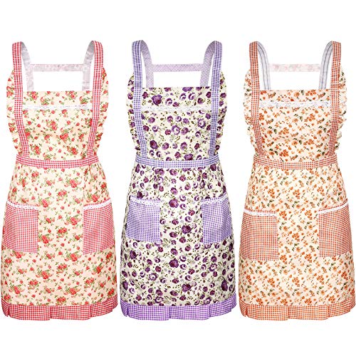 Syhood 3 Pieces Women Floral Aprons with Pockets Flower Kitchen Cooking Aprons with Adjustable Strap Waterproof Resistant Apron for Kitchen Cooking Baking Gardening Household Cleaning Supplies - Image 1
