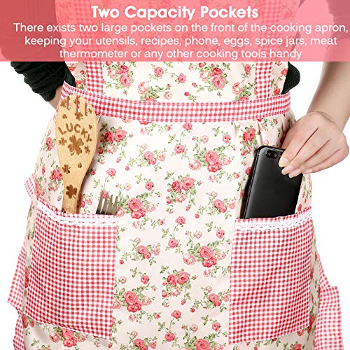 Syhood 3 Pieces Women Floral Aprons with Pockets Flower Kitchen Cooking Aprons with Adjustable Strap Waterproof Resistant Apron for Kitchen Cooking Baking Gardening Household Cleaning Supplies - Image 5
