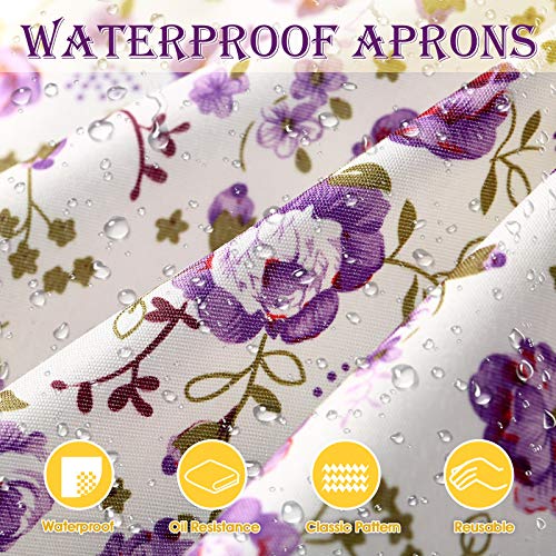 Syhood 3 Pieces Women Floral Aprons with Pockets Flower Kitchen Cooking Aprons with Adjustable Strap Waterproof Resistant Apron for Kitchen Cooking Baking Gardening Household Cleaning Supplies - Image 4