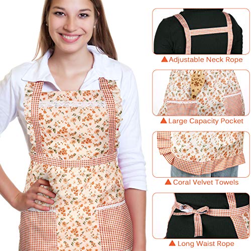 Syhood 3 Pieces Women Floral Aprons with Pockets Flower Kitchen Cooking Aprons with Adjustable Strap Waterproof Resistant Apron for Kitchen Cooking Baking Gardening Household Cleaning Supplies - Image 3