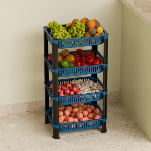 FOROLY 4-Layer Multipurpose Plastic Kitchen Storage Rack | Vegetable Basket Organizer | Stackable Storage Stand for Home, Pantry, Bathroom, Office – Durable Space-Saving Shelf (Blue) - Image 1