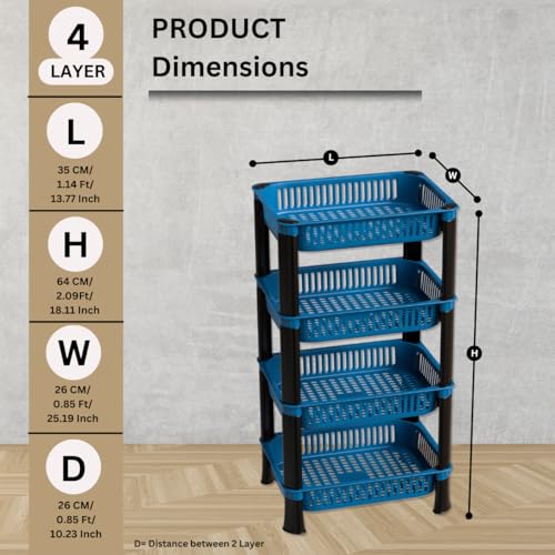 FOROLY 4-Layer Multipurpose Plastic Kitchen Storage Rack | Vegetable Basket Organizer | Stackable Storage Stand for Home, Pantry, Bathroom, Office – Durable Space-Saving Shelf (Blue) - Image 2