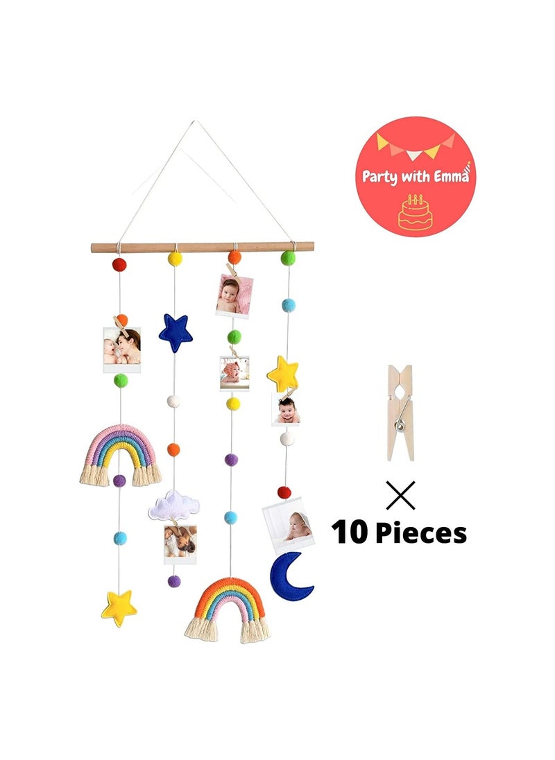 Party with Emma Hanging Photo Display with Pom Pom Rainbow Decoration Cute Wall Haing Picture Organizer Boho Home Decor Collage Picture Frames for Nursery Baby Kid Room Bedroom  - Image 3