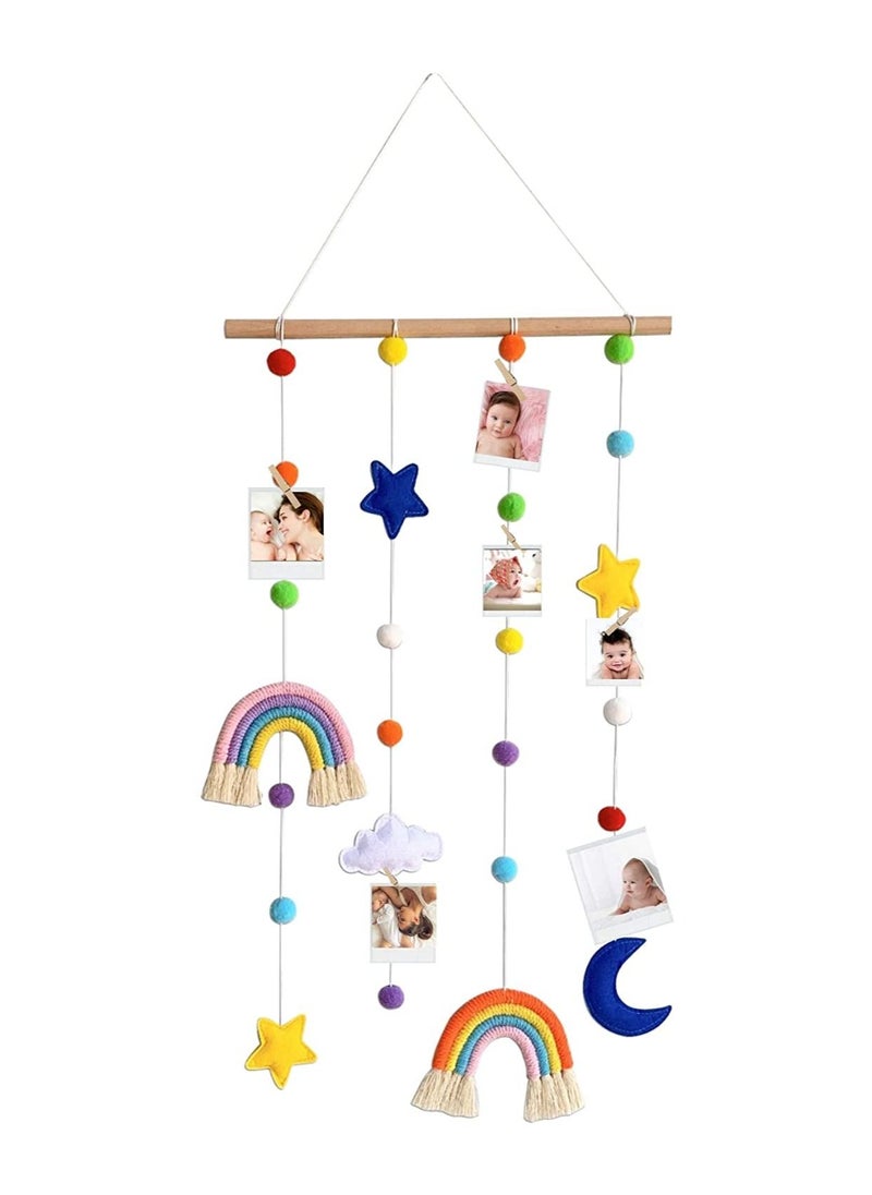 Party with Emma Hanging Photo Display with Pom Pom Rainbow Decoration Cute Wall Haing Picture Organizer Boho Home Decor Collage Picture Frames for Nursery Baby Kid Room Bedroom  - Image 1