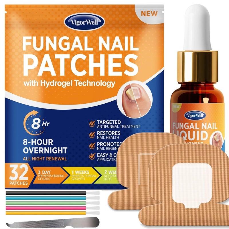 VigorWell Toenail Fungus Treatment Extra Strength - Nail Fungus Treatment For Toenail Extra Strength - Nighttime Nail Patches & Nail Treatment Liquid Set (32patches+15ml) - Image 1