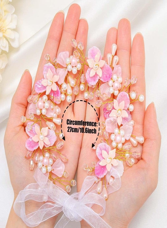 كامبسيس طوق رأس للفتيات الصغيرات مزين بالزهور الوردية، وإكسسوارات شعر مزينة باللؤلؤ لحفلات الزفاف - Image 2