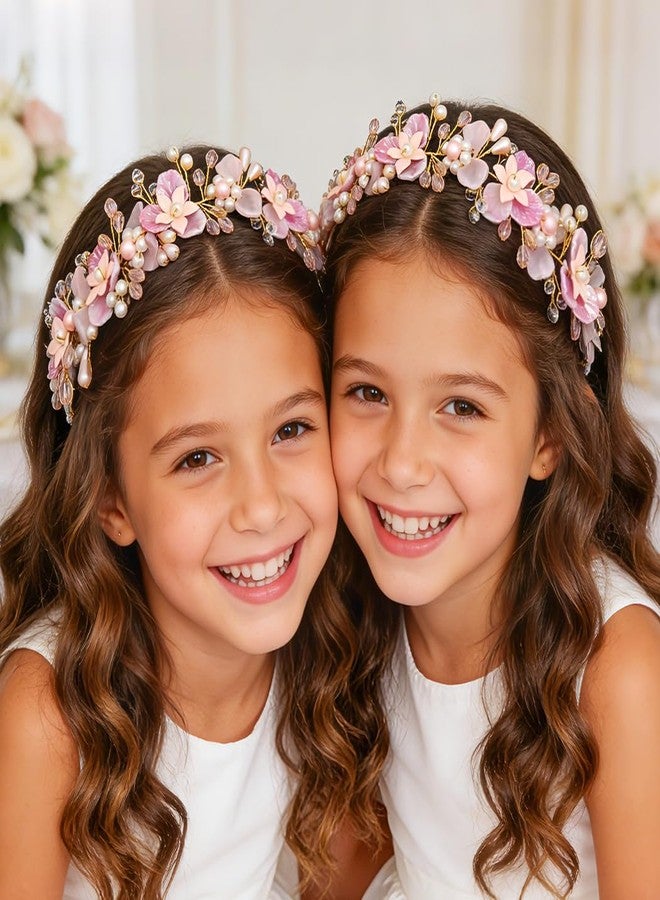 كامبسيس طوق رأس للفتيات الصغيرات مزين بالزهور الوردية، وإكسسوارات شعر مزينة باللؤلؤ لحفلات الزفاف - Image 5