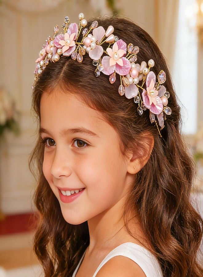 كامبسيس طوق رأس للفتيات الصغيرات مزين بالزهور الوردية، وإكسسوارات شعر مزينة باللؤلؤ لحفلات الزفاف - Image 3