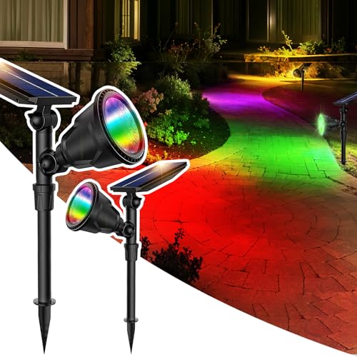 JSOT 2 Pack Christmas Solar Spotlights, RGB Solar Spot Light Outdoor Waterproof Color Changing Landscape Lighting with 9 Lighting Options Decor for Backyard Walkway Tree Lawn - Image 1
