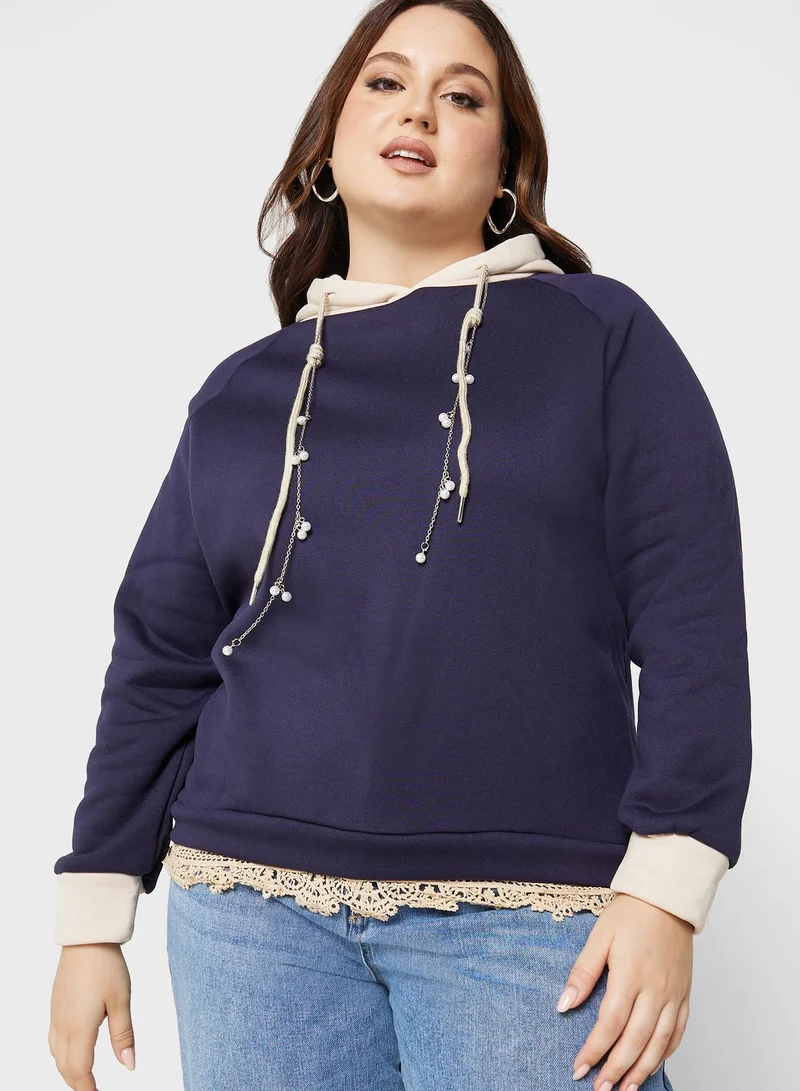 Ginger Plus Contrast Lace Trim Detail Hoodie
