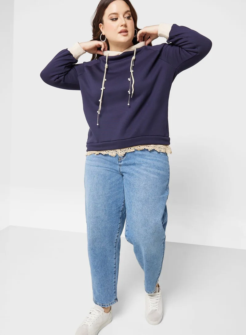 Ginger Plus Contrast Lace Trim Detail Hoodie