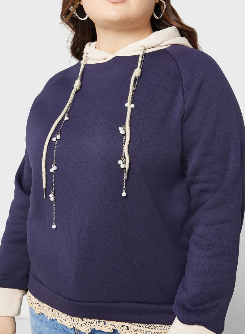 Ginger Plus Contrast Lace Trim Detail Hoodie