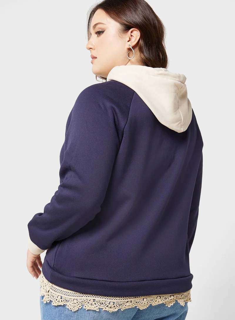 Ginger Plus Contrast Lace Trim Detail Hoodie