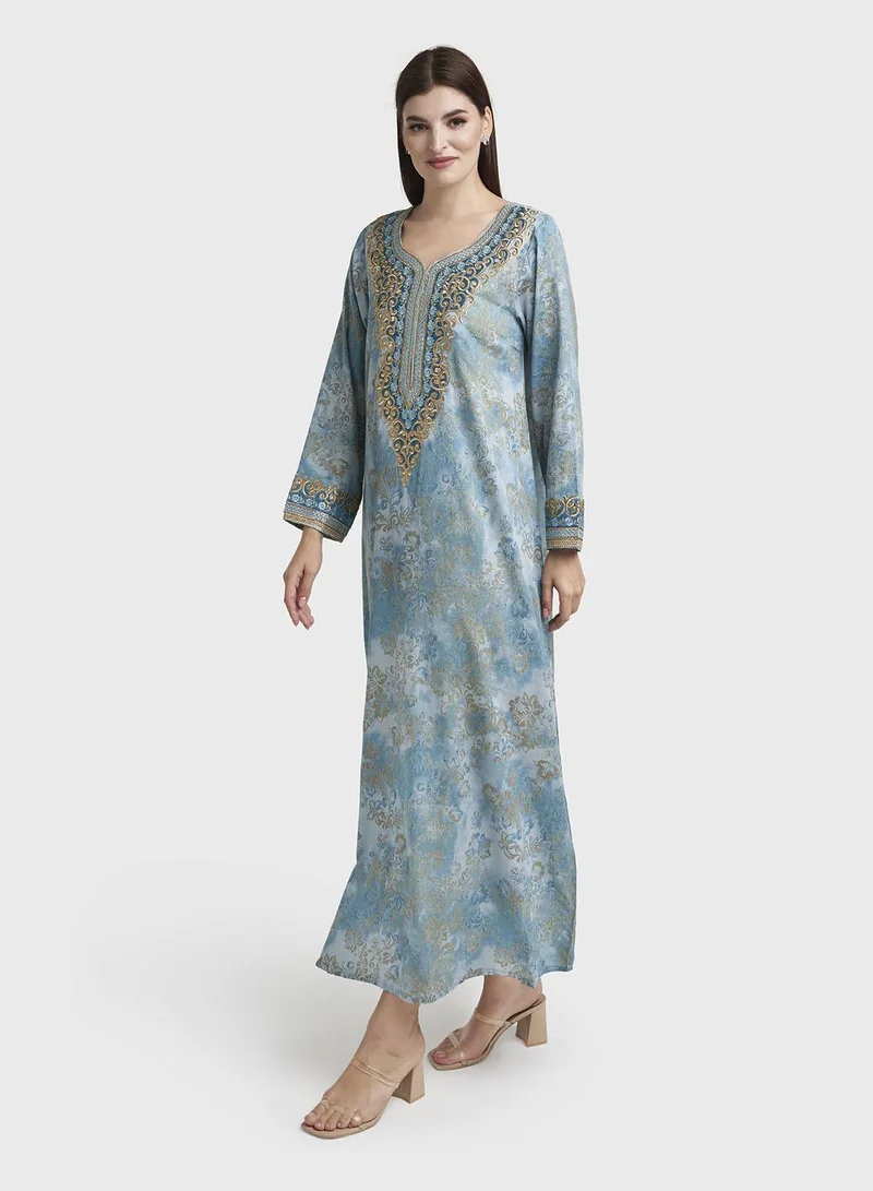 Kashkha  Teal Colour Motif Print Cotton Satin Stonework Jalabiya (VW233) for Women | Best Price UAE