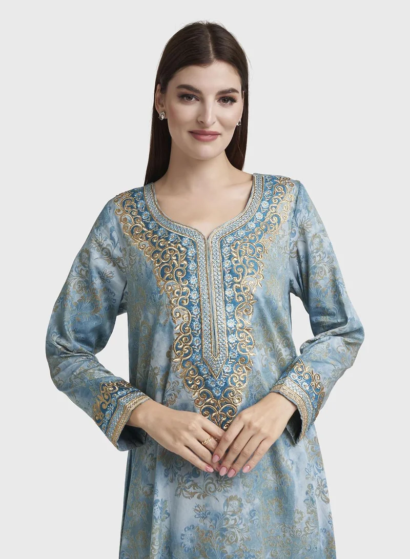 كشخة Teal Colour Motif Print Cotton Satin Stonework Jalabiya (VW233)