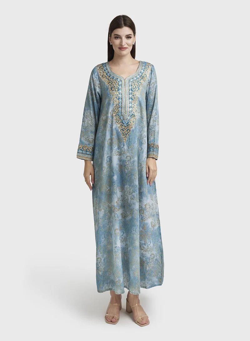 كشخة Teal Colour Motif Print Cotton Satin Stonework Jalabiya (VW233)