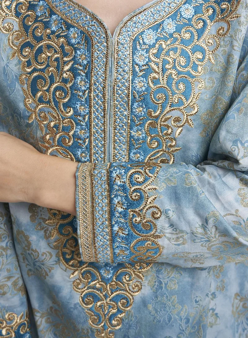 Kashkha  Teal Colour Motif Print Cotton Satin Stonework Jalabiya (VW233) for Women | Best Price UAE