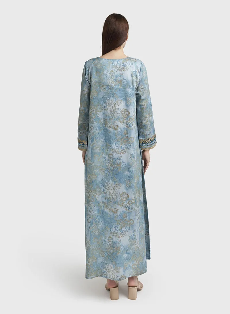 Kashkha  Teal Colour Motif Print Cotton Satin Stonework Jalabiya (VW233) for Women | Best Price UAE