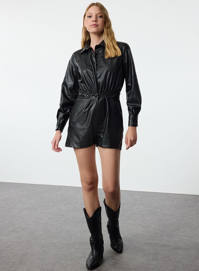 trendyol Limited Edition - Black Faux Leather Jumpsuit - Image 2