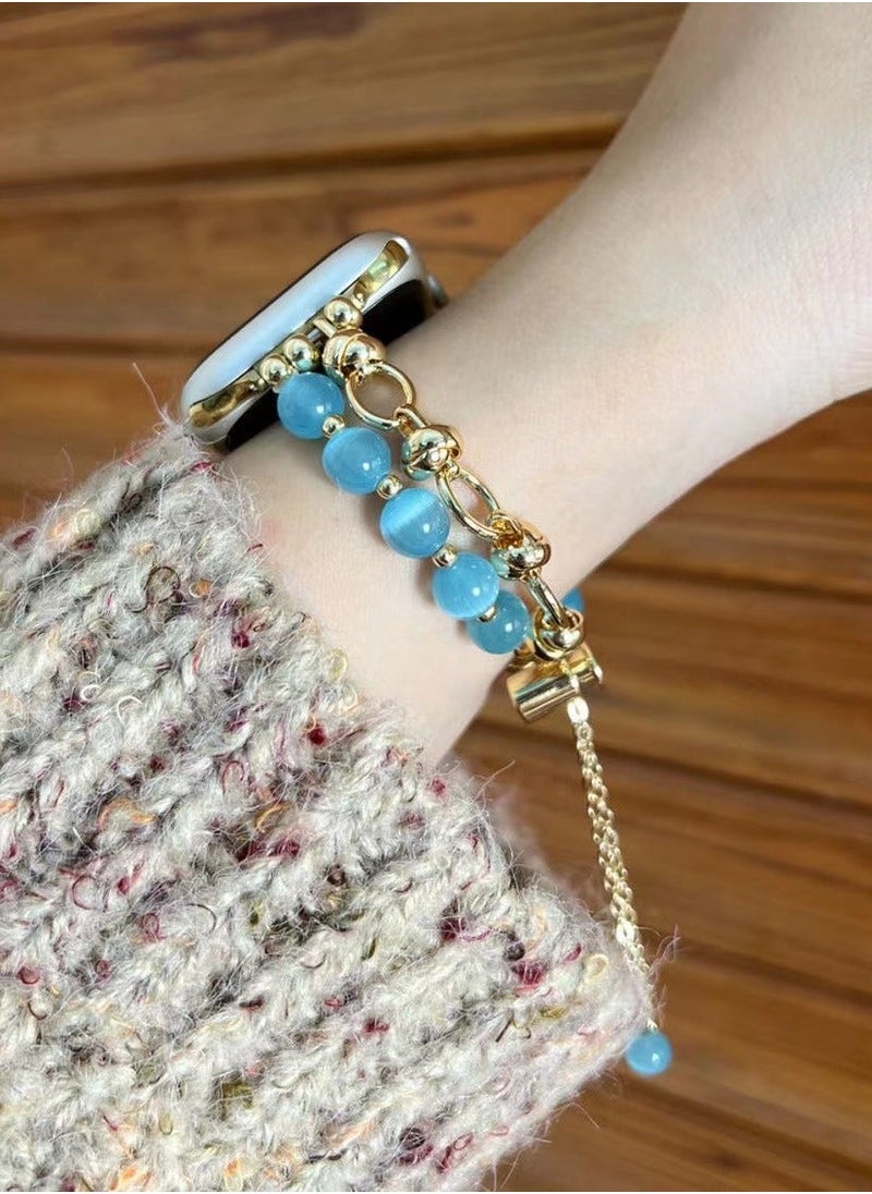 Beauenty Jade Blue Crystal Beaded Watch Band AppleWatch Cat's Eye Bracelet Suitable Apple Watch Band 7/8/9E 40mm - Image 3