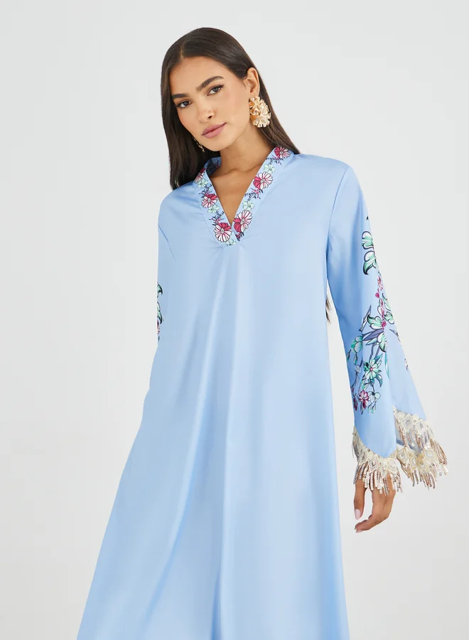 Amirah Amirah Floral Print Tasselled Long Sleeve A-Line Jalabiya
