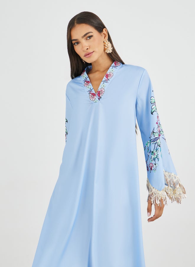 Amirah Floral Print Tasselled Long Sleeve A-Line Jalabiya - Image 3