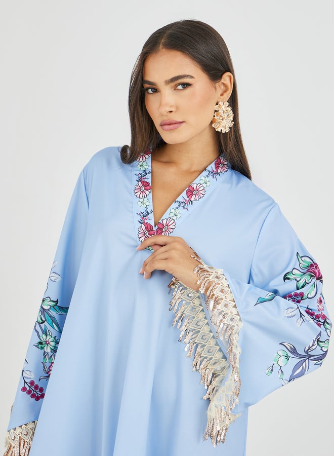 Amirah Floral Print Tasselled Long Sleeve A-Line Jalabiya - Image 4
