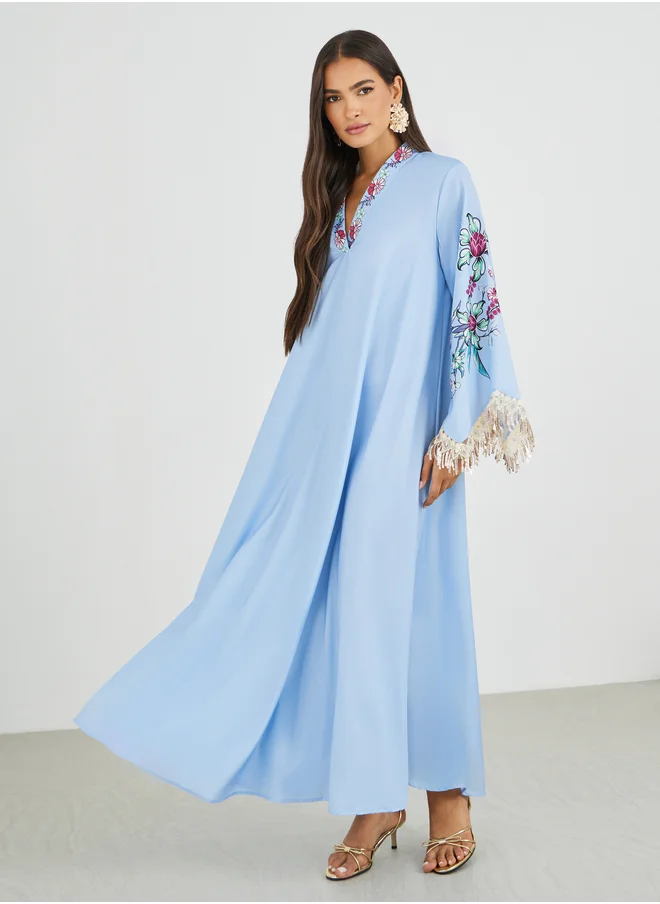 أميرة Amirah Floral Print Tasselled Long Sleeve A-Line Jalabiya