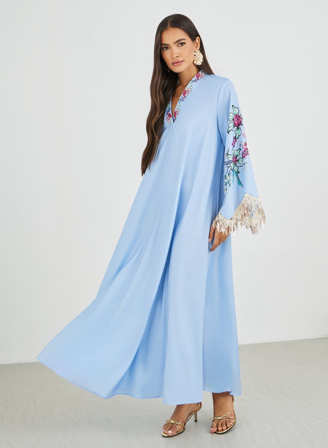 Amirah Floral Print Tasselled Long Sleeve A-Line Jalabiya - Image 2