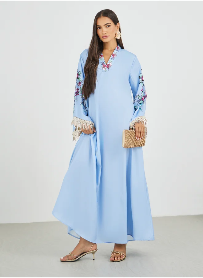 أميرة Amirah Floral Print Tasselled Long Sleeve A-Line Jalabiya