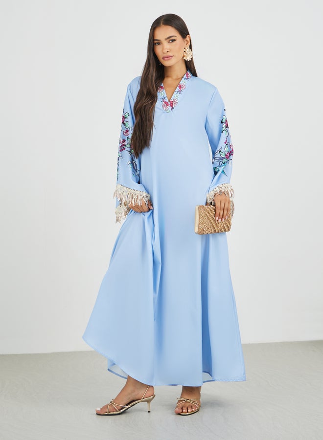 Amirah Floral Print Tasselled Long Sleeve A-Line Jalabiya - Image 1
